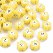 Handmade Polymer Clay Beads, Flower, Yellow, 9~10x9~10x4~5mm, Hole: 1.2mm(CLAY-N011-007B)
