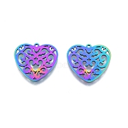 Ion Plating(IP) 201 Stainless Steel Pendant, Hollow Charms, Heart, Rainbow Color, 23x24.5x1.5mm, Hole: 1.5mm(STAS-B027-33MC)