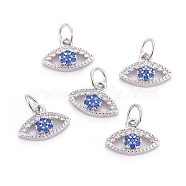Brass Micro Pave Cubic Zirconia Charms, with Jump Rings, Evil Eye, Colorful, Platinum, 7x12x3mm, Hole: 3mm(ZIRC-L070-46P)