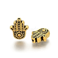 Tibetan Style Alloy Beads for Religion, Cadmium Free & Lead Free, Hamsa Hand/Hand of Fatima/Hand of Miriam, Antique Golden, 7.5x10x5mm, Hole: 1.2mm(PALLOY-P184-08AG-RS)