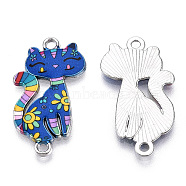 Printed Alloy Kitten Connector Charms, with Enamel, Cartoon Cat Links, Cadmium Free & Lead Free, Platinum, Royal Blue, 29.5x16.5x2mm, Hole: 1.8mm(PALLOY-TAC0032-12A)