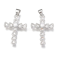 Brass Micro Pave Clear Cubic Zirconia Pendants, Cross, Real Platinum Plated, 28x18x4mm, Hole: 3mm(ZIRC-O038-06P)