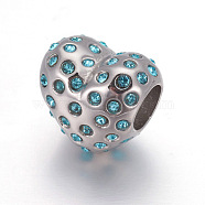 304 Stainless Steel European Style Beads, Large Hole Beads, with Rhinestone, Heart, Stainless Steel Color, Aquamarine, 10.5x11x8mm, Hole: 4.5mm(OPDL-L013-22A)