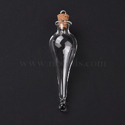 Teardrop Glass Cork Bottle Big Pendants, Glass Empty Wishing Bottle Charm, with Platimen Tone Iron Loops, Clear, 7.4cm, Hole: 2.5mm(AJEW-A041-01B)