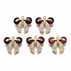 Brass Micro Pave Cubic Zirconia Pendants, Nickel Free, Real 18K Gold Plated, Bowknot, Brown, 15x16x5mm, Hole: 1mm(KK-Q277-065B-NF)