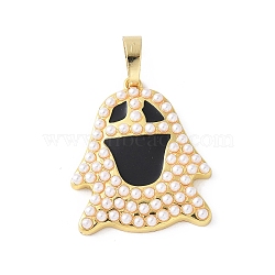 Brass Enamel Pendants, with ABS Imitation Pearl, Rack Plating, Long-Lasting Plated, Lead Free & Cadmium Free, Ghost Charm, Real 18K Gold Plated, 28x24x4.5mm, Hole: 8x4mm(KK-K399-05G)