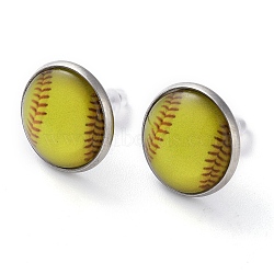 Sport Balls Glass & 304 Stainless Steel Stud Earrings for Women, Stainless Steel Color, Baseball, 15.5mm(EJEW-H005-01P-04)