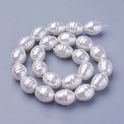 Shell Pearl Beads Strands, Oval with Screw Thread, Snow, 16.5~17.5x13~13.5mm, Hole: 1mm, about 24pcs/strand, 15.74 inch~15.94 inch(40~40.5cm)(BSHE-P030-03D)