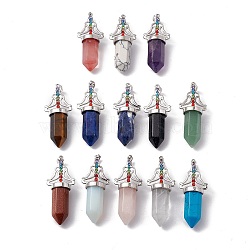 Natural & Synthetic Mixed Gemstone Big Pendants, 7 Chakra Faceted Bullet Charms, with Platinum Plated Brass Findings and Colorful Rhinestone, Cadmium Free & Lead Free, Mixed Dyed and Undyed, 55x22.5x16mm, Hole: 8x5mm(G-I342-01P)