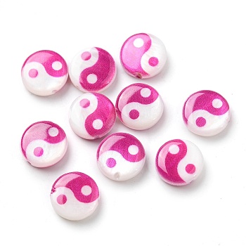 Printed Natural Freshwater Shell Beads, Yin Yang Flat Round Beads, Deep Pink, 8x2.5~3mm, Hole: 0.8mm