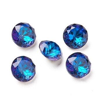 K9 Glass Rhinestone Pointed Back Cabochons, Random Color Back Plated, Faceted, Diamond, Flower Pattern, Bermuda Blue, 10x6mm