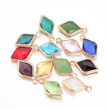 Glass Pendants, with Brass Findings, Faceted, Rhombus, Nickel Free, Raw(Unplated), Mixed Color, 18x10x4.5mm, Hole: 2mm