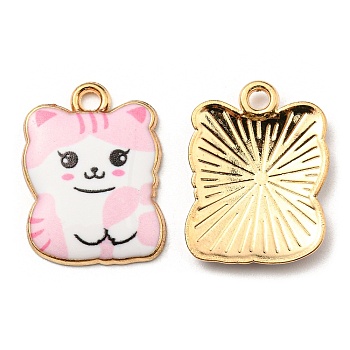 Printed Alloy Pendants, Golden, Cadmium Free & Nickel Free & Lead Free, Cat Shape Charms, Pink, 22x17x3mm, Hole: 2mm