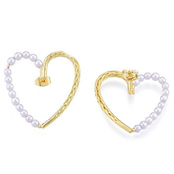 Heart Brass Stud Earring for Women, with ABS Plastic Pearl Beads, Nickel Free, Real 18K Gold Plated, 31.5x30.5mm, Pin: 0.7mm