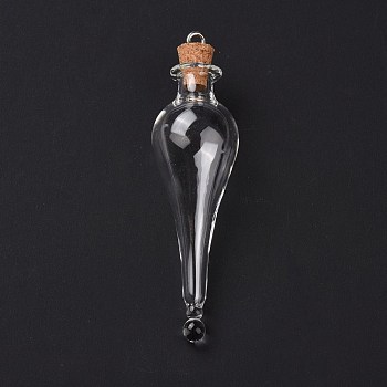 Teardrop Glass Cork Bottle Big Pendants, Glass Empty Wishing Bottle Charm, with Platimen Tone Iron Loops, Clear, 7.4cm, Hole: 2.5mm