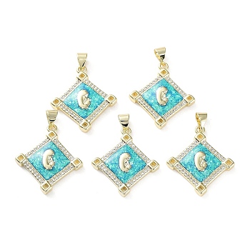Rack Plating Brass Micro Pave Clear Cubic Zirconia Pendants, with Synthetic Opal, Cadmium Free & Lead Free, Long-Lasting Plated, Real 18K Gold Plated, Flat Round, Rhombus, 25x22.5x3.5mm, Hole: 5x3.5mm
