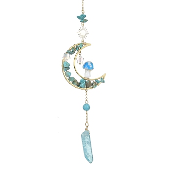 Wire Wrapped Synthetic Turquoise Chips & Brass Moon Pendant Decorations, with Nuggets Electroplated Natural Quartz Crystal and Mushroom Charms, 271~284mm