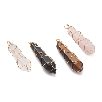 Natural Mixed Gemstone Pendants, with Golden Copper Wire Findings Wrapped, Bullet, 35~39x9.5x8.5mm, Hole: 2mm