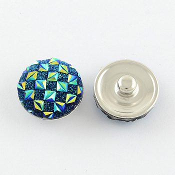 Brass Jewelry Snap Buttons, with Resin Cabochons, Flat Round, Dark Cyan, 18x9mm, knob: 5mm