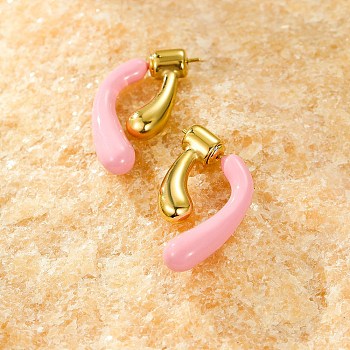 304 Stainless Steel Stud Earrings, with Enamel, Real 18K Gold Plated, Pearl Pink, 27.5x6.5mm