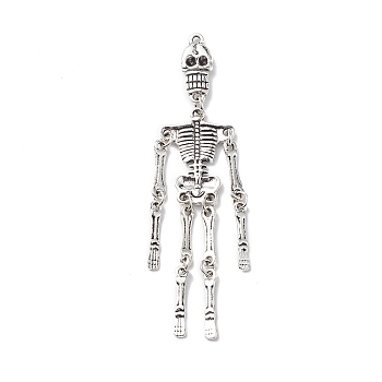 Halloween Tibetan Style Alloy Big Pendants, Skeleton Charm, Antique Silver, 96x22x5mm, Hole: 1.8mm