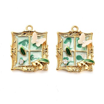 304 Stainless Steel Enamel & Rhinestone Pendants, with Resin and ABS Imitation Pearl, Rectangle with Butterfly, Ion Plating(IP), Real 18K Gold Plated, Light Green, 26x20x4mm, Hole: 1.8mm