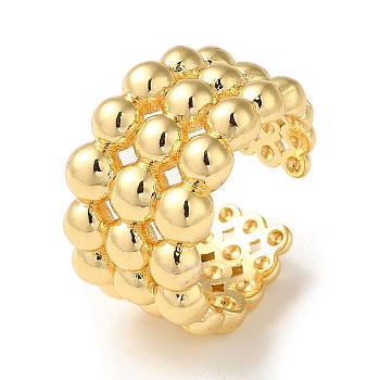 Rack Plating Brass Open Cuff Rings for Women, Round Ball Beaded, Real 18K Gold Plated, Inner Diameter: 17.6mm