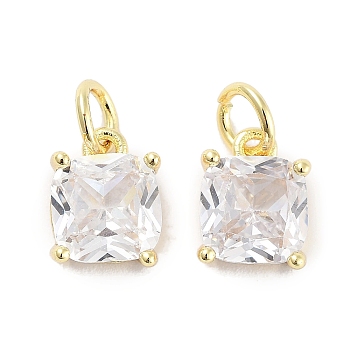 Brass Micro Pave Cubic Zirconia Charms, with Jump Ring, Suqare, Real 18K Gold Plated, Clear, 9.5x7x3.5mm, Hole: 2.5mm