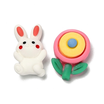 Opaque Resin Cabochons, for DIY Decoration, Rabbit & Flower, Mixed Color, Rabbit: 19x11x6mm, Flower: 17.5x12.5x7mm