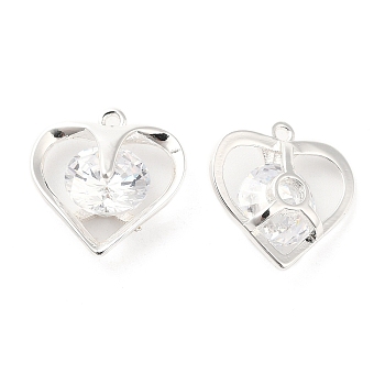 Glass Pendants, with Brass Finding, Heart Charms, Silver, 15x14.5x5.5mm, Hole: 1mm