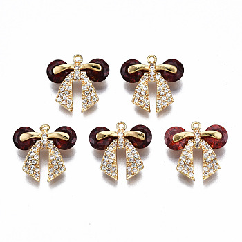 Brass Micro Pave Cubic Zirconia Pendants, Nickel Free, Real 18K Gold Plated, Bowknot, Brown, 15x16x5mm, Hole: 1mm