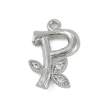 Brass Crystal Rhinestone Letter Links Connector Charms, Real Platinum Plated, Letter P, 16x10x4mm, Hole: 1.2mm and 1.5mm