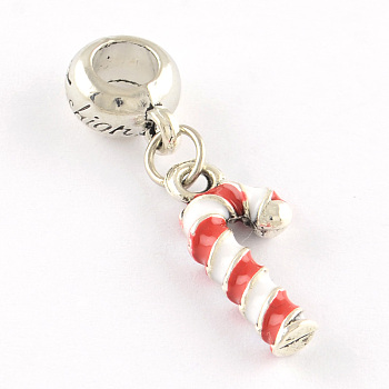Antique Silver Plated Christmas Candy Cane Alloy Enamel European Dangle Charms, Large Hole Pendants, Dark Red & White, 33x9x5mm, Hole: 5mm