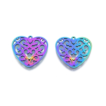 Ion Plating(IP) 201 Stainless Steel Pendant, Hollow Charms, Heart, Rainbow Color, 23x24.5x1.5mm, Hole: 1.5mm