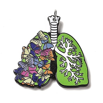Perfect Printed Acrylic Pendants, with Iron Jump Ring, Lung Charms, Butterfly, Lime Green, 40x38x2.5mm, Hole: 5mm