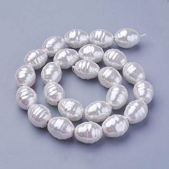 Shell Pearl Beads Strands, Oval with Screw Thread, Snow, 16.5~17.5x13~13.5mm, Hole: 1mm, about 24pcs/strand, 15.74 inch~15.94 inch(40~40.5cm)