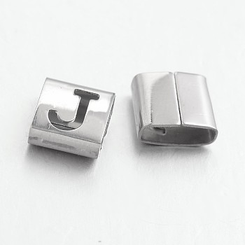 Tarnish Resistant Letter Style 201 Stainless Steel Square Slide Charms, Letter.J, 9x8x4mm, Hole: 8x3mm