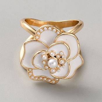 Flower Zinc Alloy Scarf Ring Clip, Shawl Button Brooches for Women, with Resin Pearl, Golden, 24.5x24mm