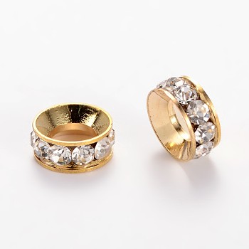 Flat Round Alloy Rhinestone Bead Spacers, Golden, 9~10x4mm, Hole: 4~5mm