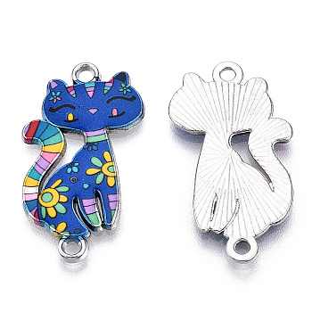 Printed Alloy Kitten Connector Charms, with Enamel, Cartoon Cat Links, Cadmium Free & Lead Free, Platinum, Royal Blue, 29.5x16.5x2mm, Hole: 1.8mm