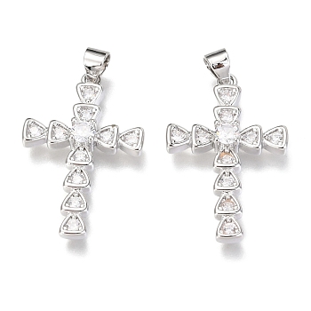 Brass Micro Pave Clear Cubic Zirconia Pendants, Cross, Real Platinum Plated, 28x18x4mm, Hole: 3mm