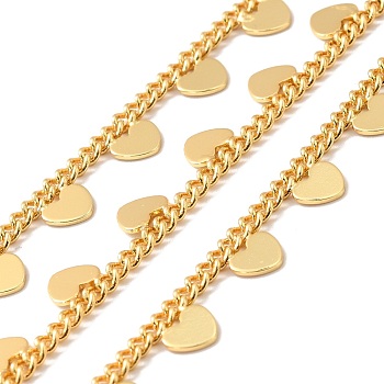 Rack Plating Brass Curb Chains, with Heart Charms, Long-Lasting Plated, Unwelded, with Spool, Cadmium Free & Nickel Free & Lead Free, Real 18K Gold Plated, 3.5x2.5x1.5mm