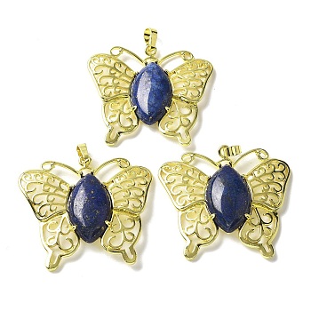 Natural Lapis Lazuli Pendants, Dyed, Brass Butterfly Charms, Golden, Rack Plating, Cadmium Free & Lead Free, 41.5x45x8mm, Hole: 8x4.5mm