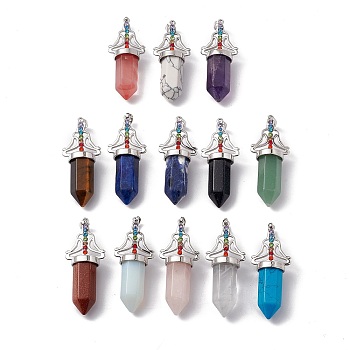 Natural & Synthetic Mixed Gemstone Big Pendants, 7 Chakra Faceted Bullet Charms, with Platinum Plated Brass Findings and Colorful Rhinestone, Cadmium Free & Lead Free, Mixed Dyed and Undyed, 55x22.5x16mm, Hole: 8x5mm