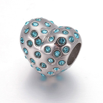 304 Stainless Steel European Style Beads, Large Hole Beads, with Rhinestone, Heart, Stainless Steel Color, Aquamarine, 10.5x11x8mm, Hole: 4.5mm