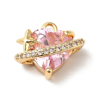 Brass Cubic Zirconia Charms, Real 18K Gold Plated, Heart with Star Charm, Pearl Pink, 11x12x7.5mm, Hole: 1.5mm