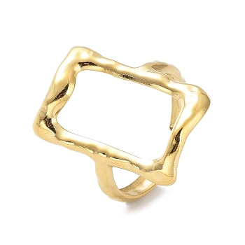 304 Stainless Steel Open Cuff Rings, Hollow Rectangle, Real 18K Gold Plated, Inner Diameter: 18mm
