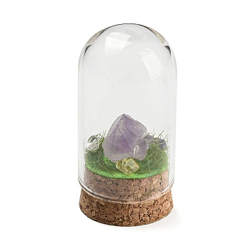 Natural Amethyst Nuggets Display Decoration with Glass Dome Cloche Cover, Cork Base Bell Jar Ornaments for Home Decoration, 30x59~60.5mm