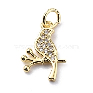 Brass Micro Pave Cubic Zirconia Charms, with Jump Ring, Bird with Branch Charms, Real 18K Gold Plated, 14x10x1.5mm, Hole: 3.2mm(ZIRC-F131-14G)
