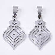 201 Stainless Steel Pendants, Filigree Pendants, with Random Size Snap on Bails, Rhombus, Stainless Steel Color, 30x19x1.5mm, Hole: hole: 8~10x3~5mm(STAS-N089-03P)
